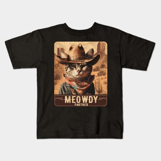 Meowdy Partner Country Music Meowdy Funny Music Cat Cowboy Hat Kids T-Shirt by Lisa L. R. Lyons